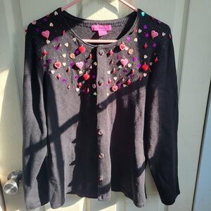 Bobbie Bell Embellishment Heart Rhinestone Bling Cardigan Sweater Large